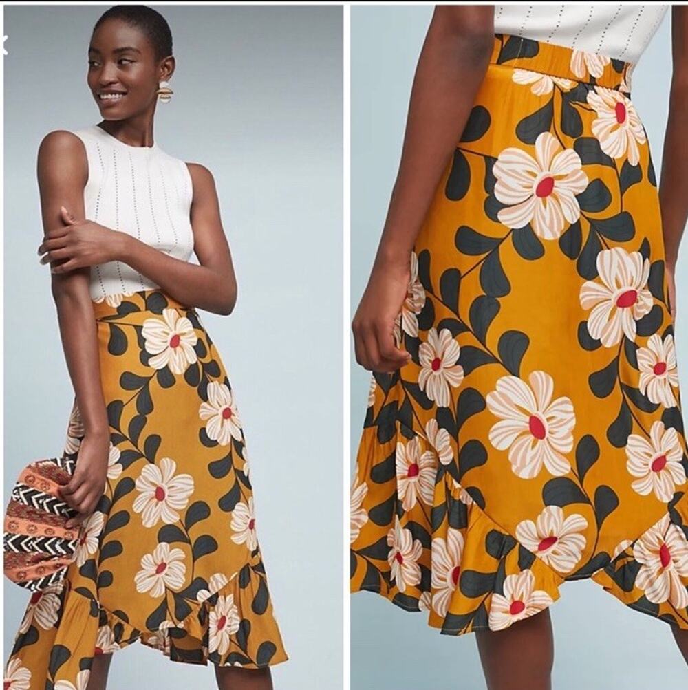 Eva Franco Women 2 Floral Ruffle Midi Skirt Mustard Retro Mod Asymmetrical Boho